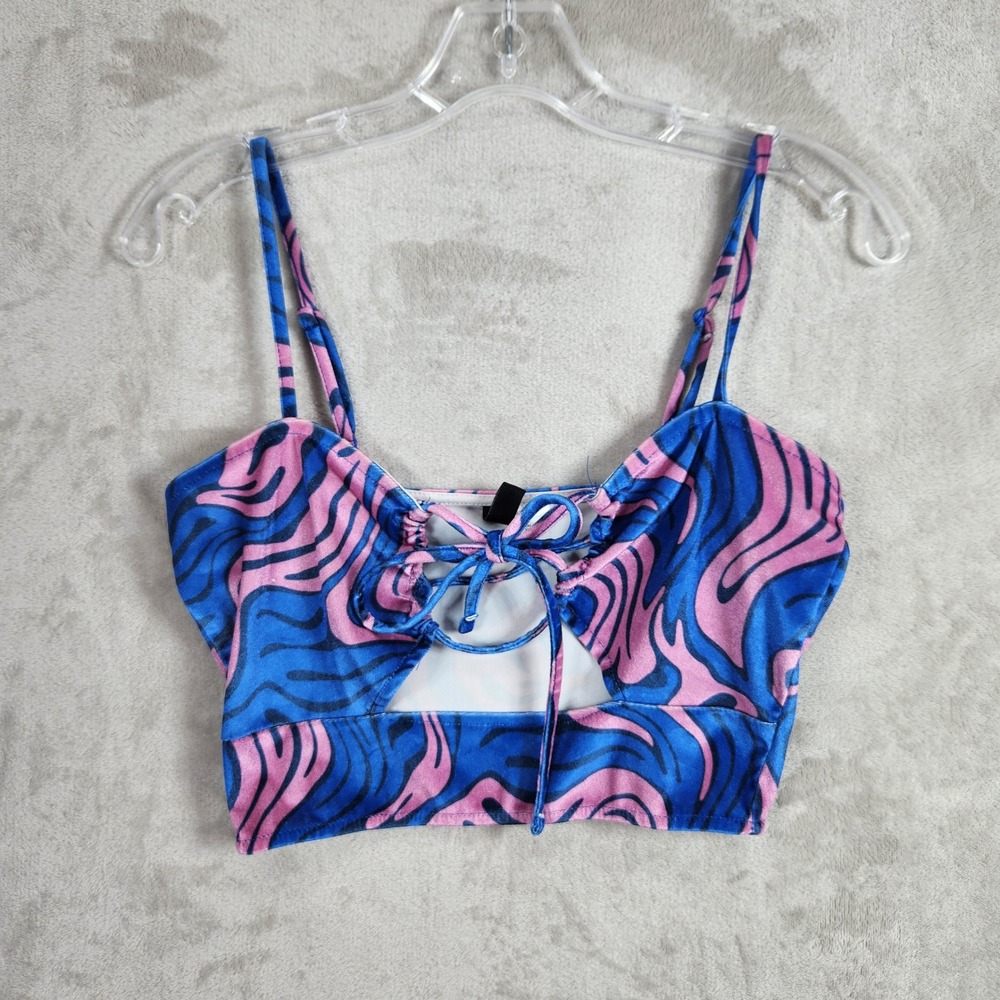 H&M Divided Crop Top Womens‎ Small Blue Pink Psychedelic Velvet Lace Up Y2K